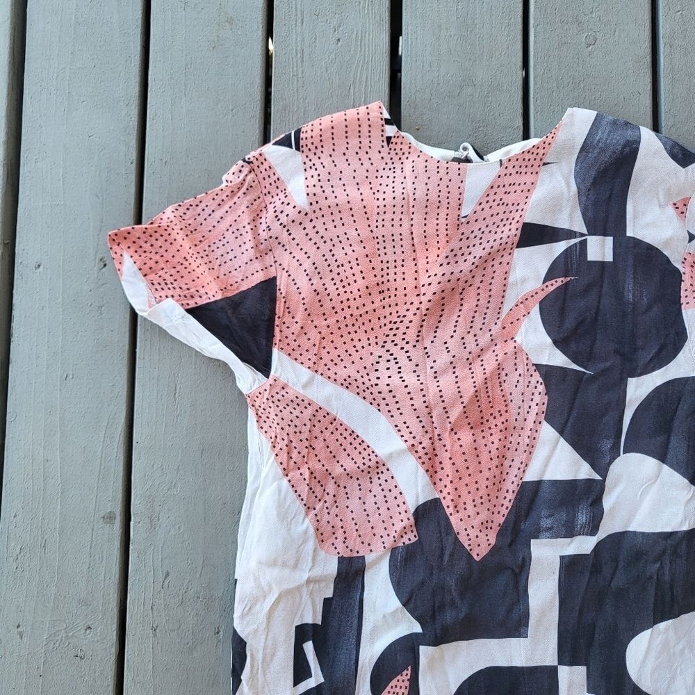 Oliver Bonas Block Print Tunic Dress Short Sleeve Knee Length Pink Black Size 12 - Picture 5 of 7